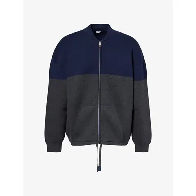 Loewe Mens Anagram Patch Knitted Cotton-blend Cardigan Navy Blue Grey