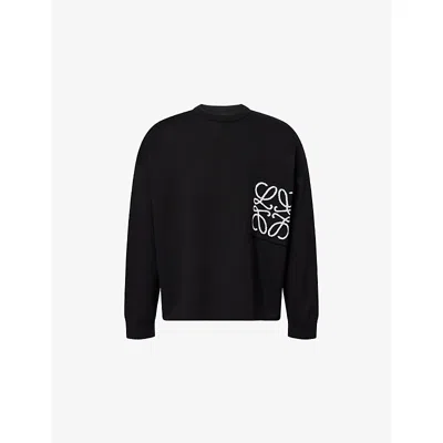 Loewe Mens Anagram Patch-pocket Cotton-knit Jumper Black White