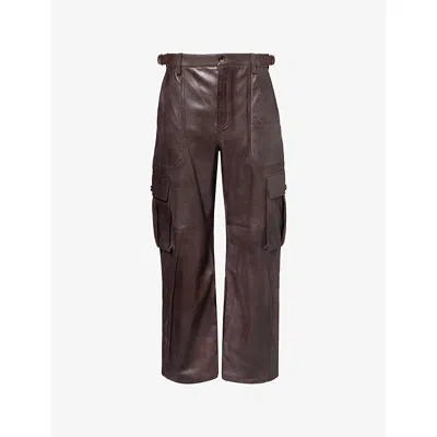 Loewe Mens Brown Wide-leg Side-pocket Leather Cargo Trousers