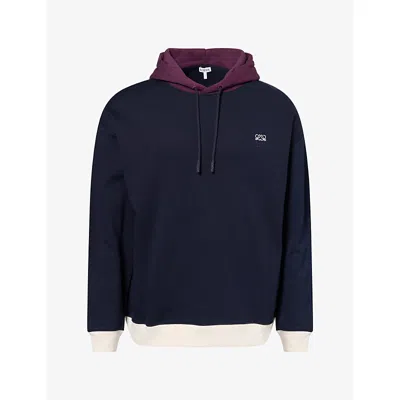 Loewe Mens Contrast-trim Embroidered-logo Cotton Hoodie Dark Blue White Xl In Multi
