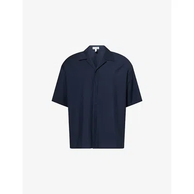 Loewe Mens Dark Blue Notched-collar Embroidered-logo Wool Shirt