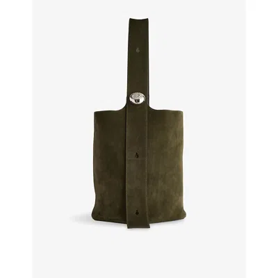 Loewe Mens Dark Olive Pebble Bucket Large Suede Shoulder Bag In Green