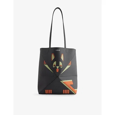 Loewe Mens Dark Taupe Futurist Cat Puzzle Fold Medium Leather Tote Bag In Black