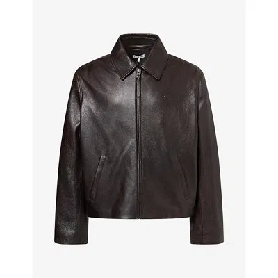 Loewe Mens Debossed-logo Classic-collar Leather Jacket Dark Brown