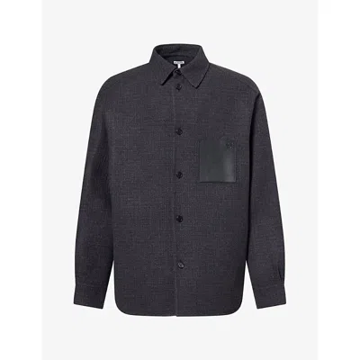 Loewe Mens Debossed-logo Patch-pocket Wool-and-silk Shirt Dark Navy Blue