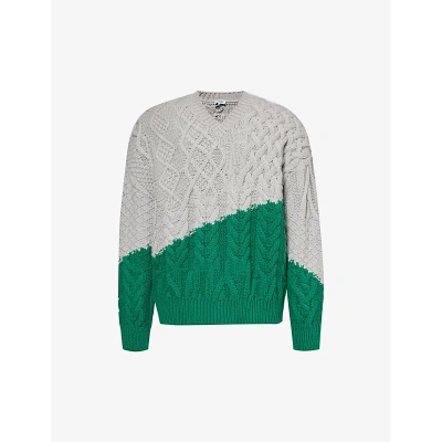 Loewe Mens Grey Green Contrast-embellished Cable-knit Wool Jumper