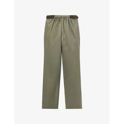 Loewe Wide-leg Belted Garment-dyed Cotton-satin Trousers In Green