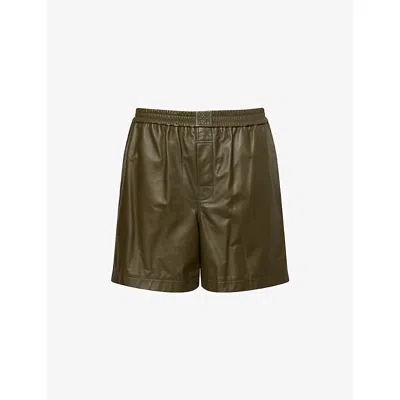 Loewe Mens Khaki Green Monogram Relaxed-fit Leather Shorts