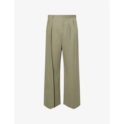Loewe Mens Khaki Green Pleated Wide-leg Stretch-woven Trousers