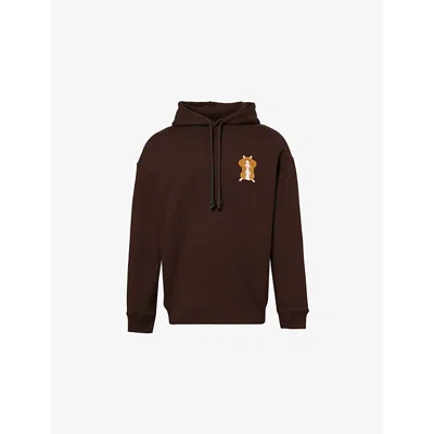 Loewe Mens Embroidered Ribbed-trims Relaxed-fit Cotton-jersey Hoodie Dark Brown