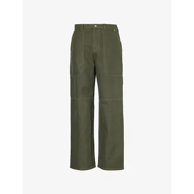 Loewe Mens Khaki Green Patch-pocket Wide-leg Cotton Cargo Trousers