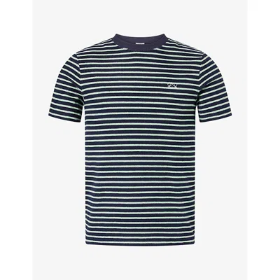 Loewe Mens Logo-embroidered Striped Cotton-terry T-shirt Navy Blue Green Xl In Multi