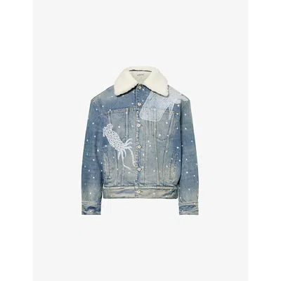 Loewe Mens Mid Blue Denim Faux-shearling Collar Painted Denim Jacket