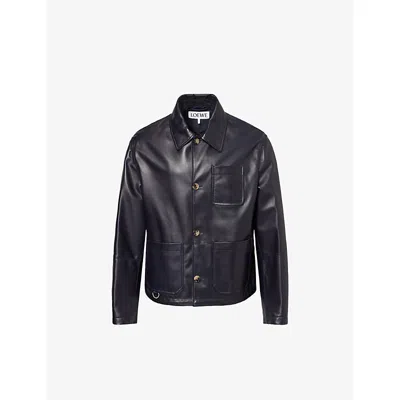 Loewe Mens Navy Blue Workwear Contrast-shell Leather Jacket