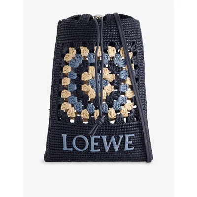 Loewe Mens Pocket Embroidered Raffia Pouch Bag Navy/sky Blue