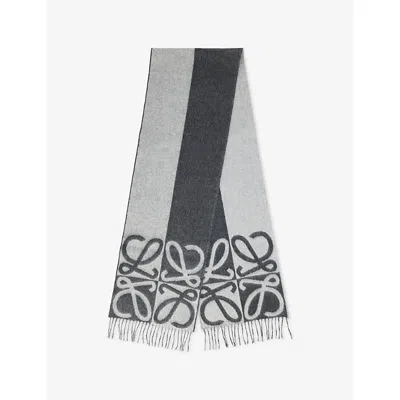 Loewe Mens Striped Logo Wool-and-cashmere Scarf Dark Grey/light Grey