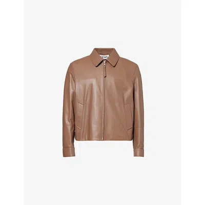 Loewe Mens Taupe Classic-collar Logo-patch Leather Jacket In Brown