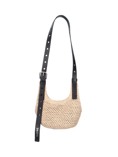 Loewe Mini Punch Hole Hobo In Raffia And Leather Skin For Woman In Black