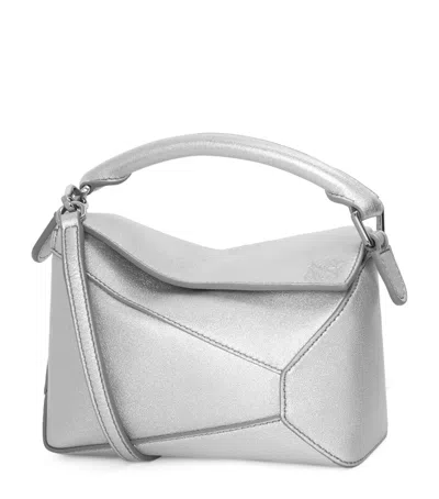 Loewe Mini Leather Puzzle Edge Top-handle Bag In Silver
