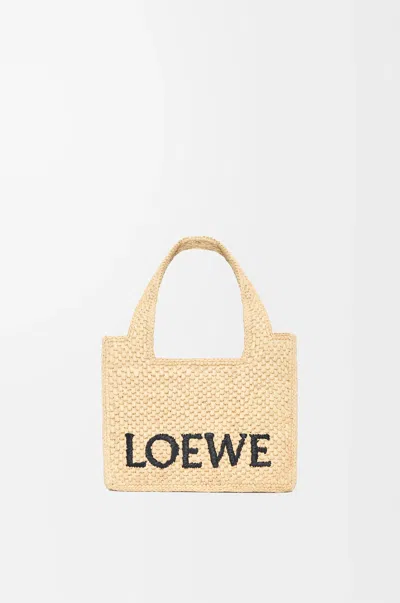Loewe Mini Signature Font Raffia Tote Bag In Brown