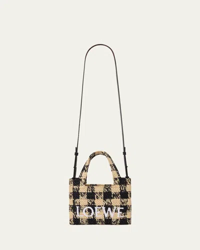 Loewe Mini Logo Tote Bag In Gingham Raffia In Natural Black