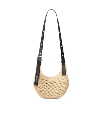 Loewe Mini Punch Hole Hobo In Raffia And Leather Skin For Woman In Black
