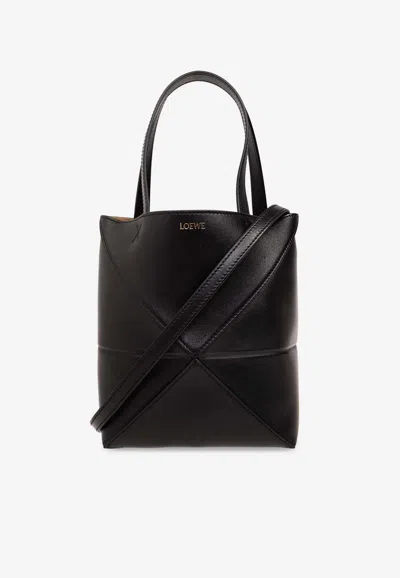 Loewe Mini Puzzle Fold Leather Tote Bag In Black