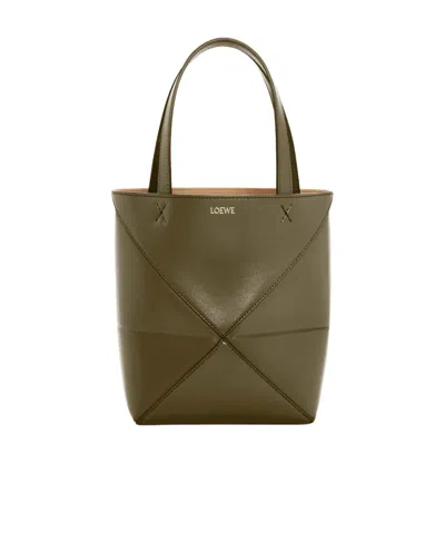 Loewe Mini Puzzle Fold Tote In Shiny Calfskin In Green