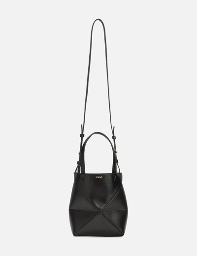 Loewe Mini Puzzle Fold Tote In Shiny Calfskin In Black