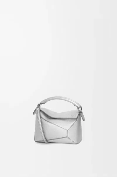 Loewe Puzzle Edge Mini Metallic Textured-leather Shoulder Bag In Silver