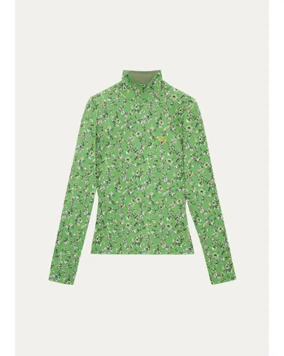Loewe Logo-embroidered Floral-jacquard Knitted Top In Green