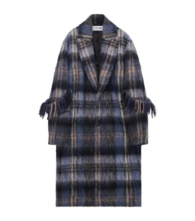 Loewe Mohair-wool Check Longline Coat In Blue