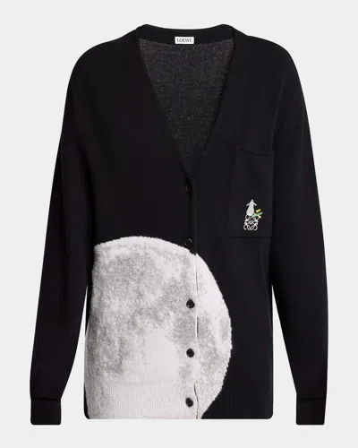 Loewe Moon Intarsia Wool Cardigan In Black