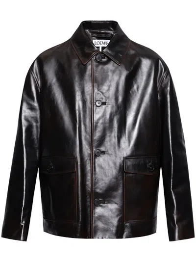 Loewe Mens Navy Blue Workwear Contrast-shell Leather Jacket