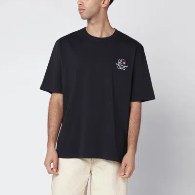 Loewe Navy Blue T-shirt With Anagram Embroidery And Futurist Cat In Black