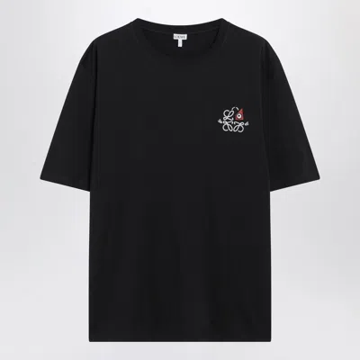 Loewe Navy Blue T-shirt With Anagram Embroidery And Futurist Cat Men In Black