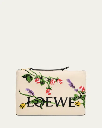 Loewe Oblong Pouch Bag In Canvas With Flowers In Ecru