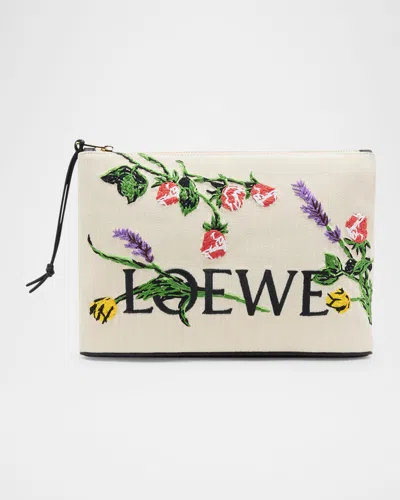 Loewe Oblong Pouch Bag In Canvas With Flowers In Ecru