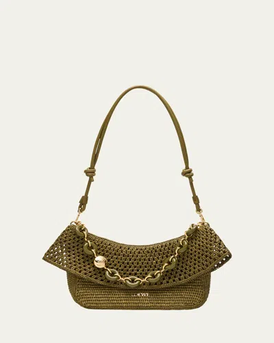 Loewe Ola Small Shoulder Bag In Raffia And Leather In Dark Khaki Green