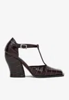 Loewe Onda 90 T-bar Pumps In Croc-embossed Leather In Burgundy