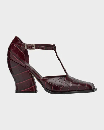 Loewe Onda Croc-embossed Leather T-bar Pumps In Burgundy