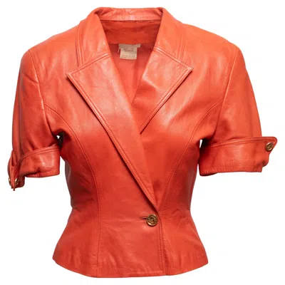 Pre-owned Loewe Orange  Leather Short Sleeve Blazer & Skirt Suit Size Eu 42