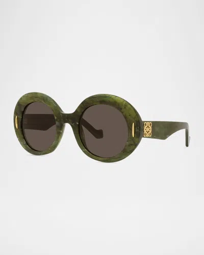 Loewe Oval Acetate Sunglasses W/ Anagram In Shiny Dark Green Brown