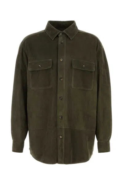 Loewe Suede Shirt Jacket Buttoned Cuffs Chest Pockets In Green