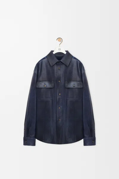 Loewe Oversized Navy Blue Shirt In Leather And Cotton