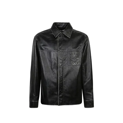 Loewe Anagram Leather Zip-up Overshirt In Black