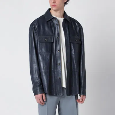 Loewe Oversized Navy Blue Shirt In Leather And Cotton