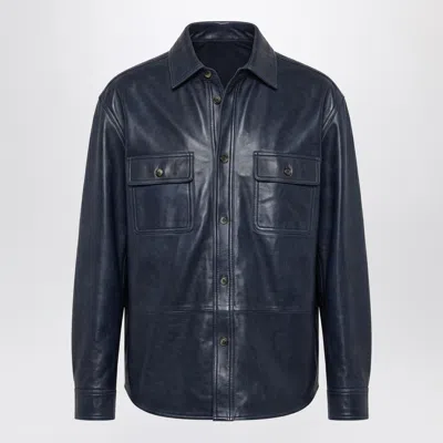 Loewe Oversized Navy Blue Shirt In Leather And Cotton