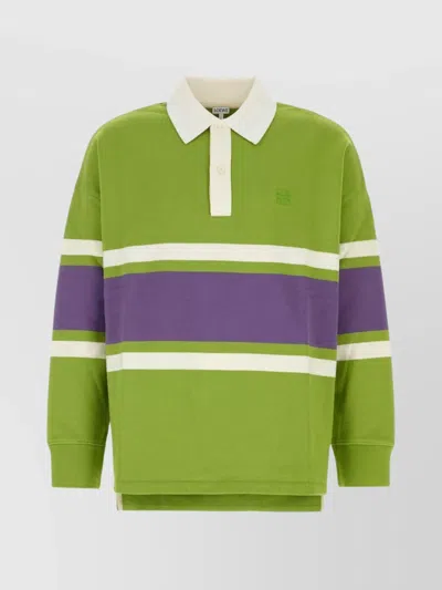 Loewe Logo-embroidered Striped Cotton Polo Shirt In Green