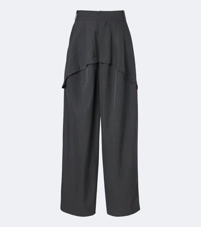 Loewe Logo-embroidered Tiered Wool Mid-rise Wide-leg Pants In Gray